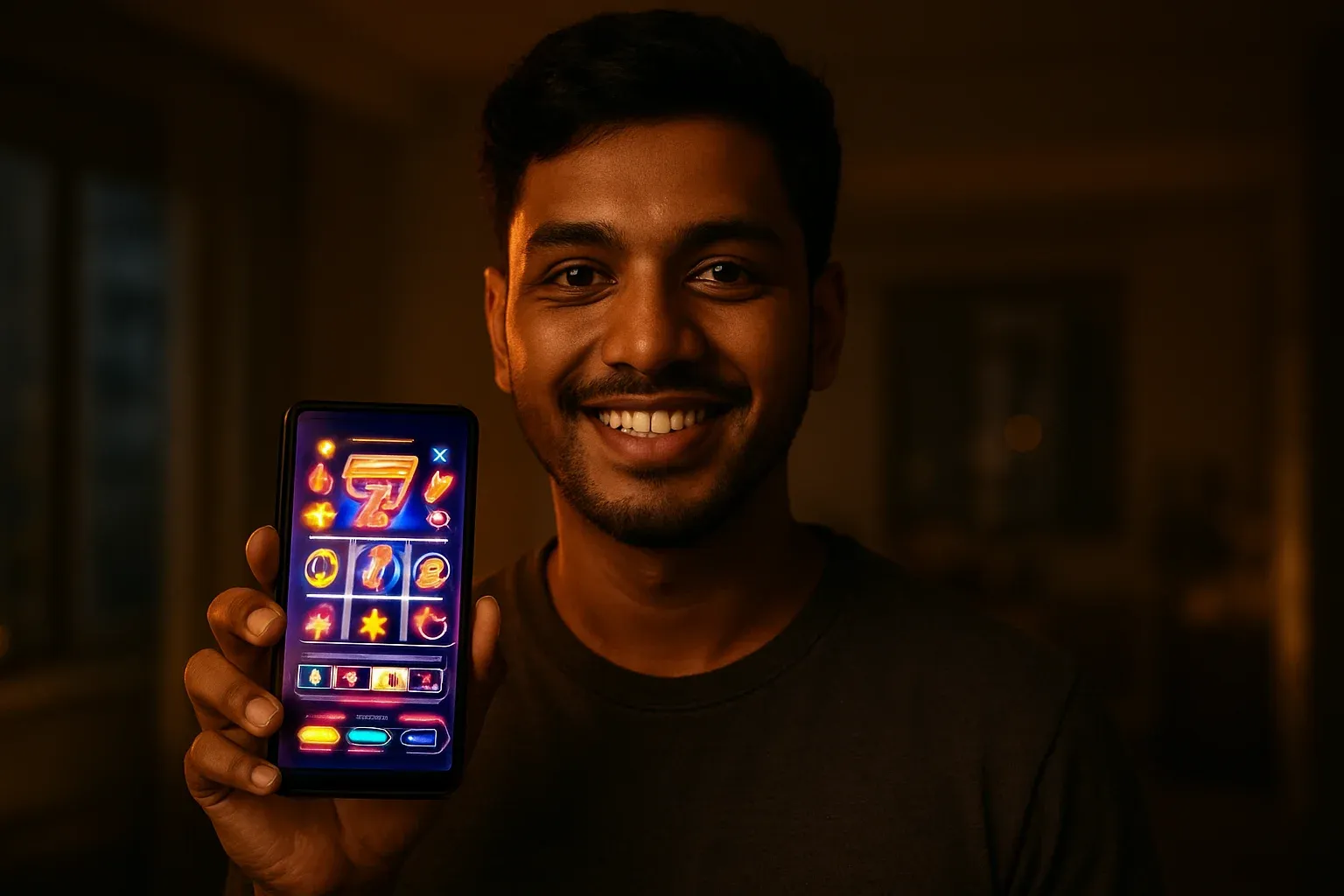 Young Bangladeshi man holding smartphone showing colorful mobile casino app interface