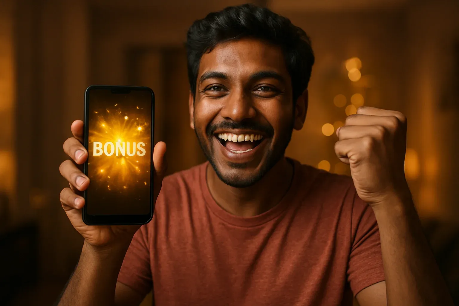 Joyful Bangladeshi man holding smartphone with glowing bonus notification screen