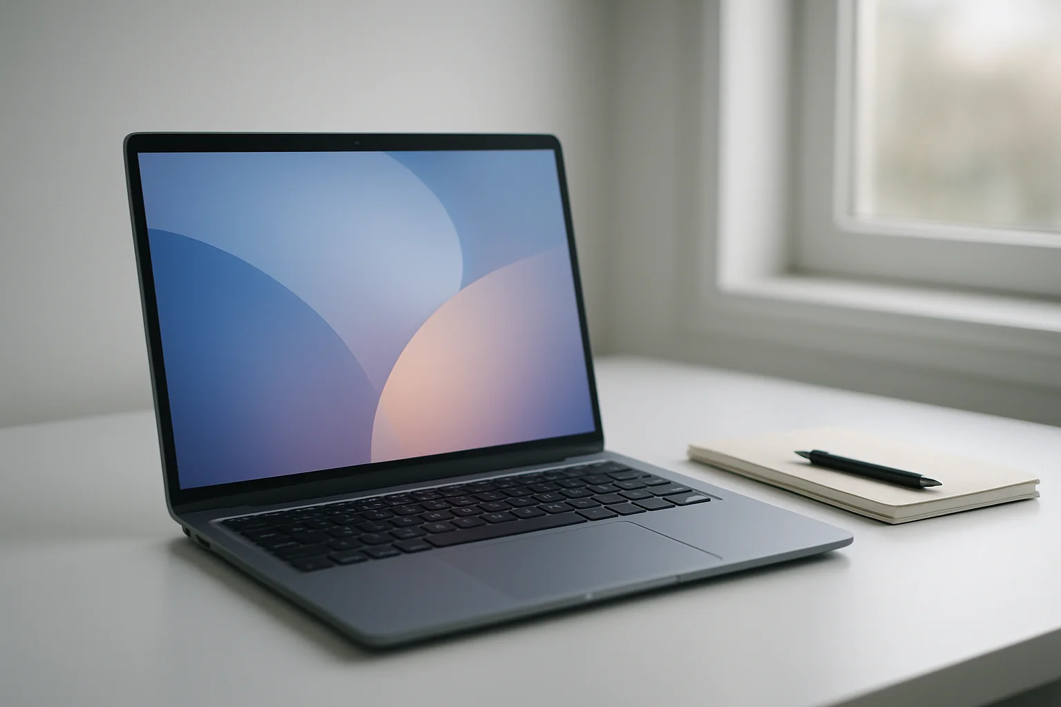 Modern laptop on clean white desk with glowing abstract screen