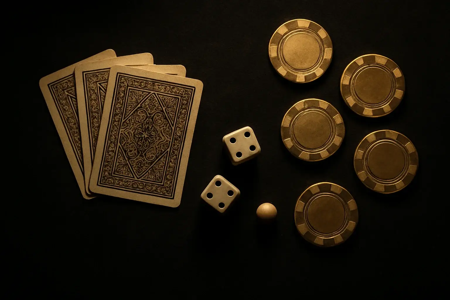 Top-down casino scene with chips, cards, dice, and roulette ball
