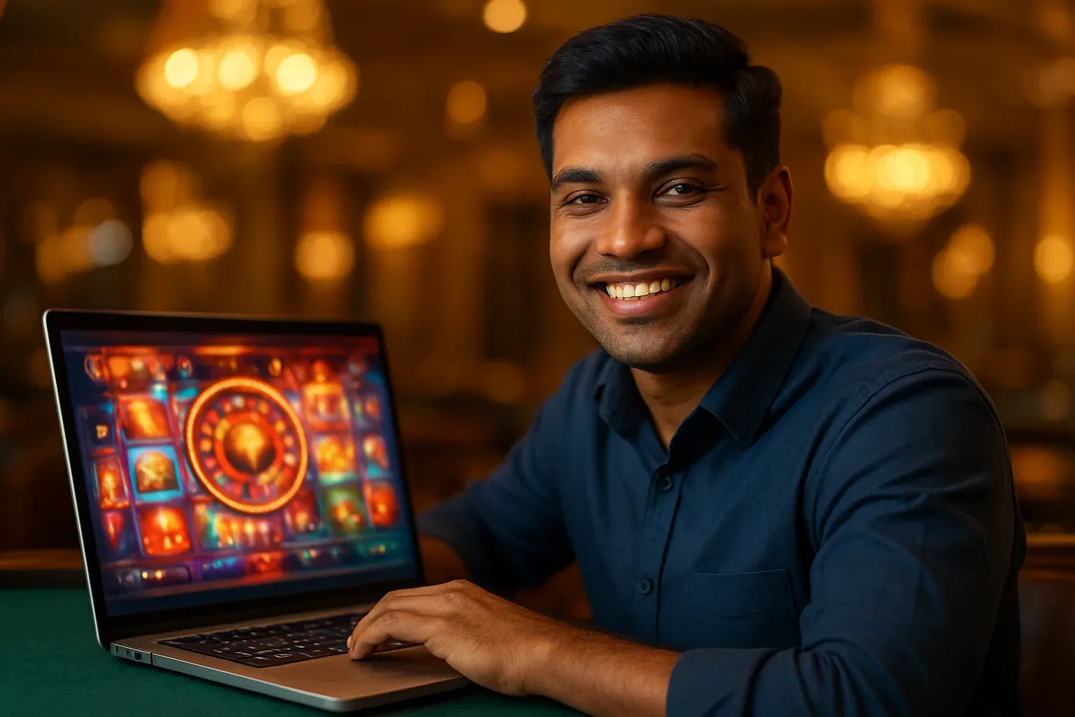 Cheerful Bangladeshi man with open laptop in premium casino lounge