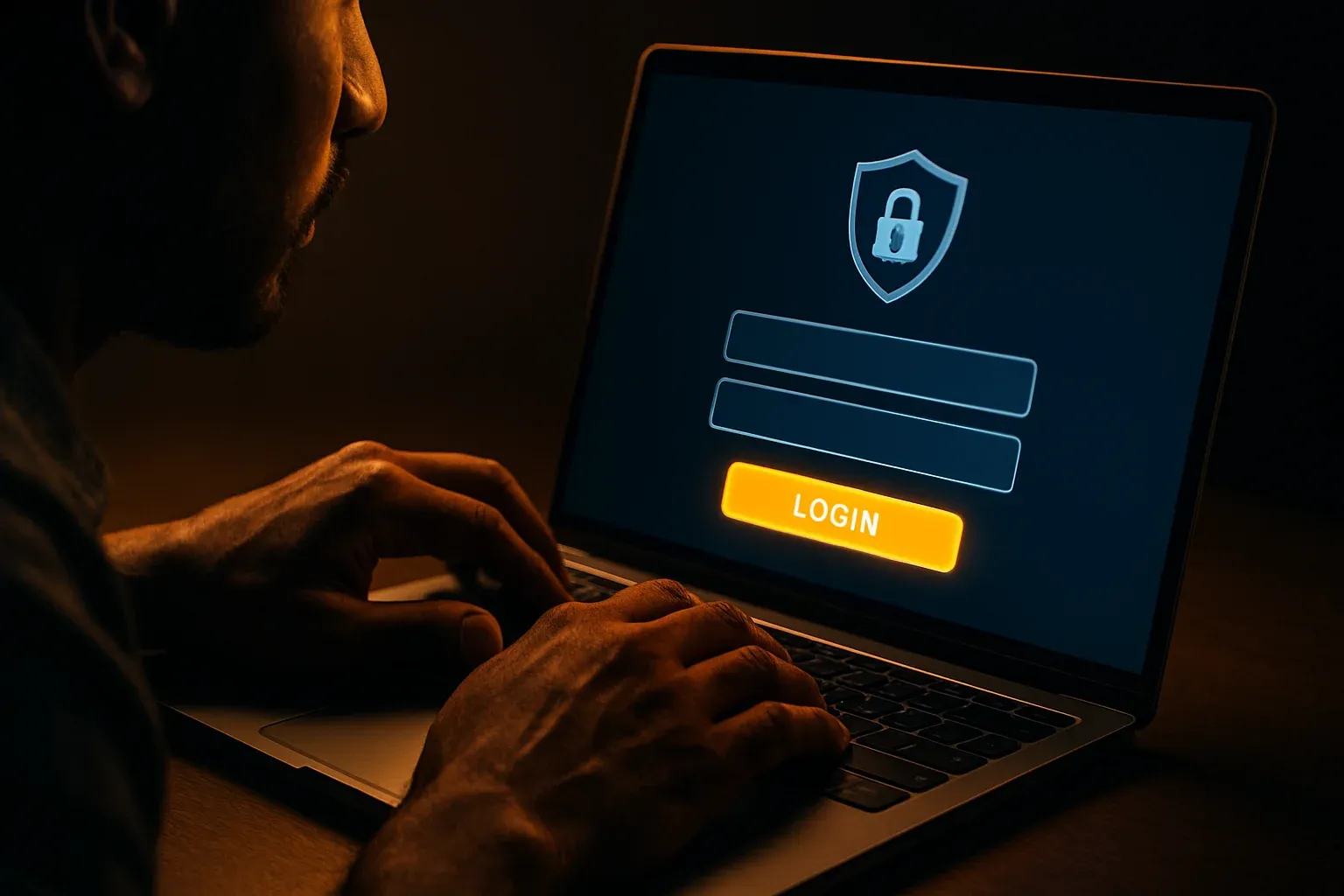 Bangladeshi man's hands on laptop showing stylized login form screen
