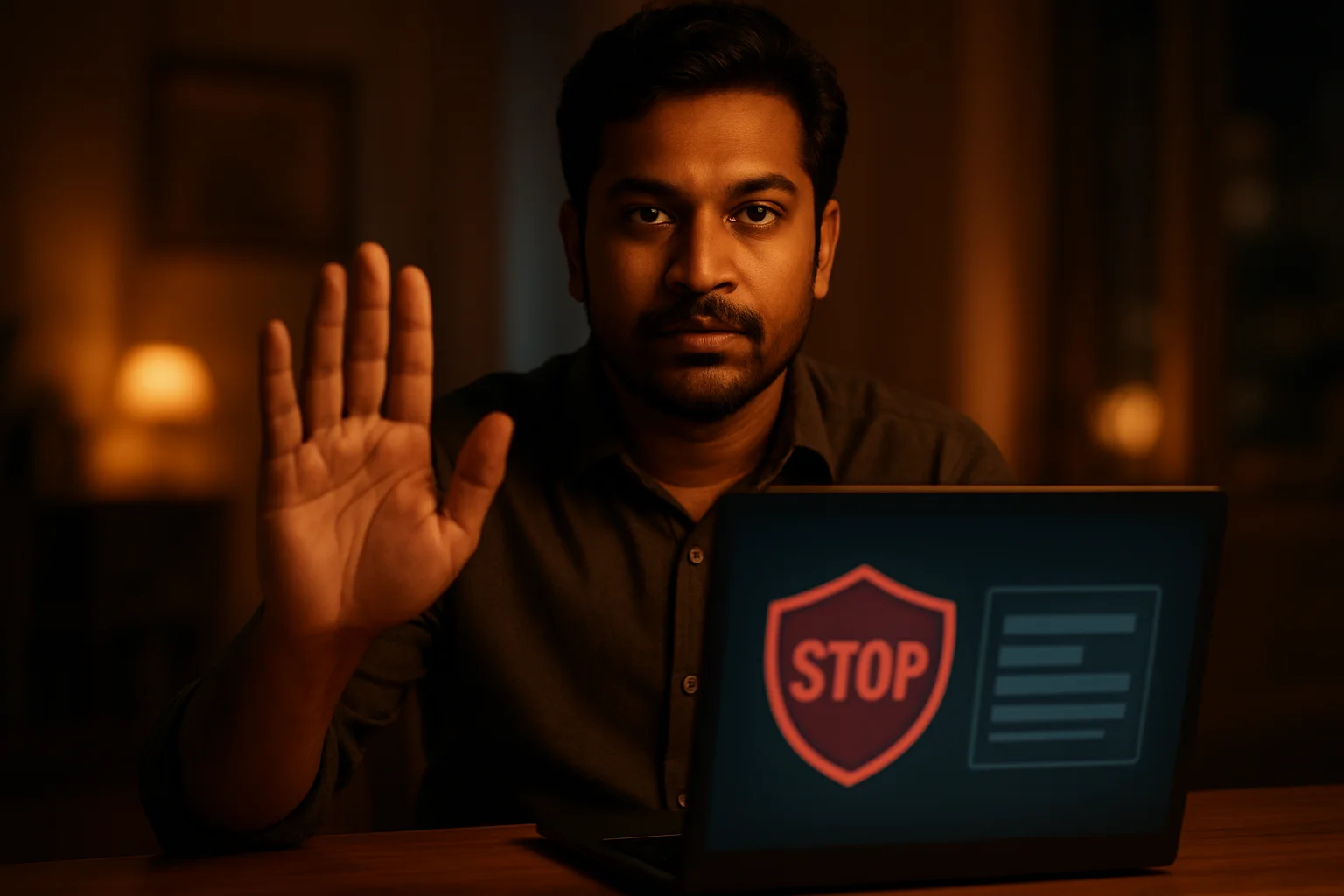 Bangladeshi man shows stop gesture beside laptop with responsible gambling controls