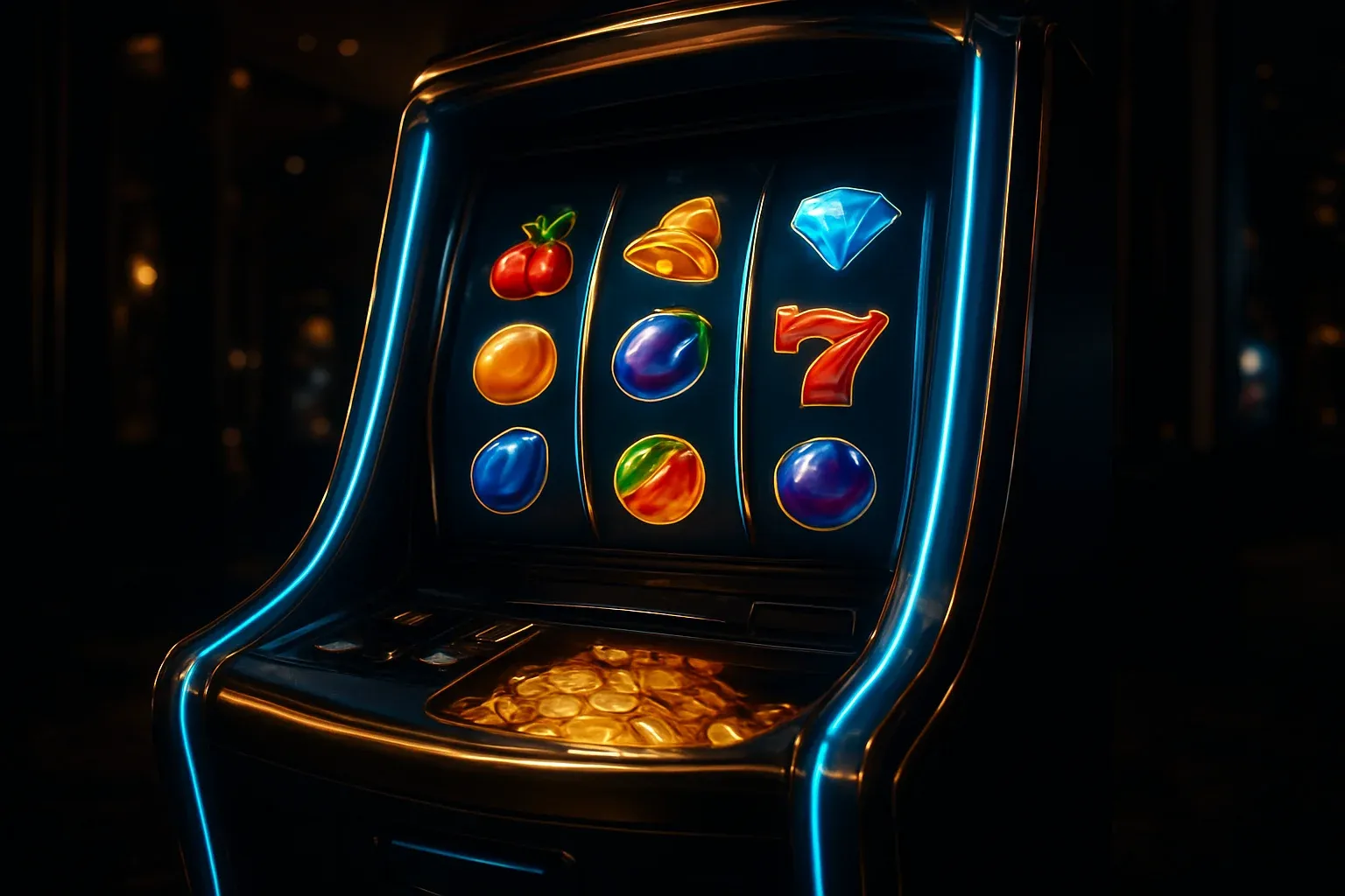 Premium slot machine with glowing reels in a dark luxury casino